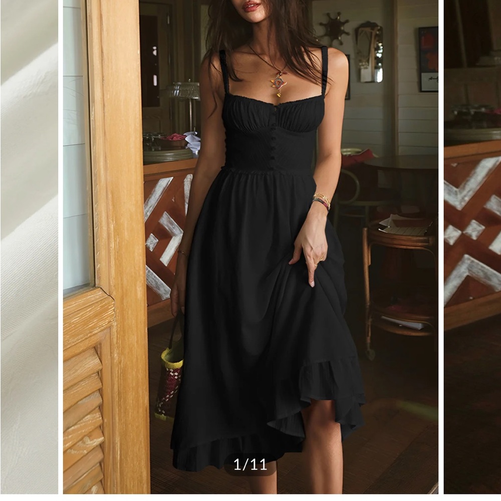 COMMENSE Ruffle Hem Midi Dress M Black